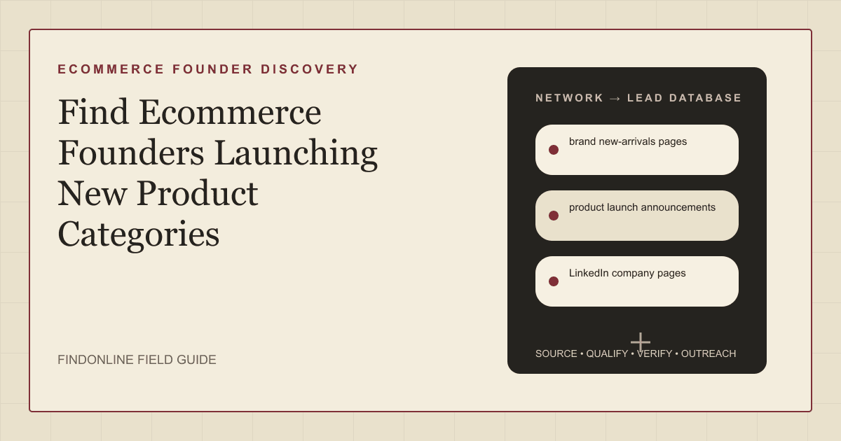 Ecommerce category-launch research connecting new-arrivals pages, launch announcements, and LinkedIn company pages to founders