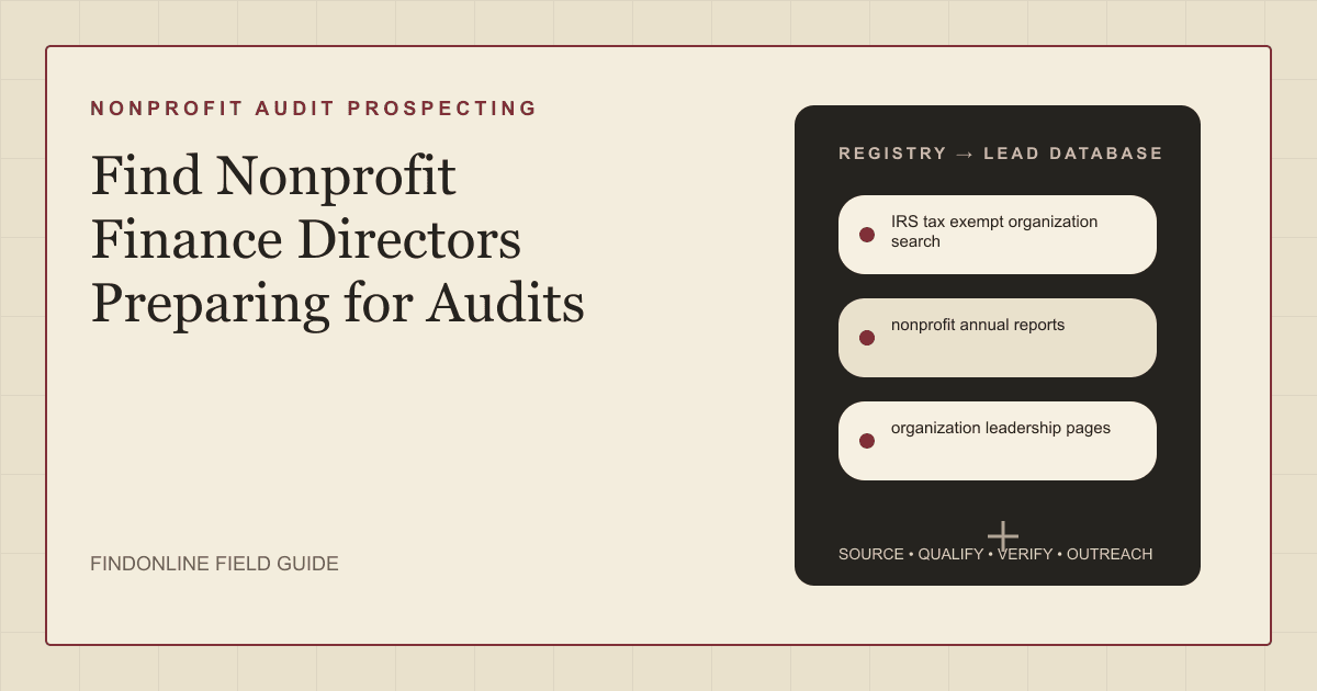 Nonprofit audit prospect research using IRS tax exempt organization search, nonprofit annual reports, and organization leadership pages.