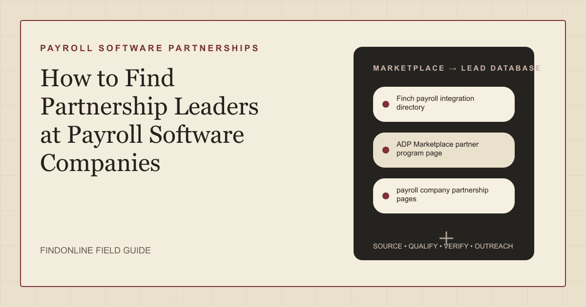 Thumbnail for finding partnership leaders at payroll software companies, listing the Finch directory, ADP partner program page, LinkedIn company pages, and partnership job posts