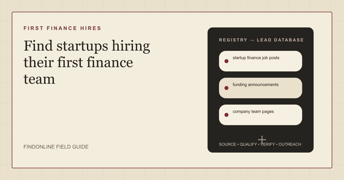 Find startups hiring their first finance team using job posts, funding announcements, and team pages.