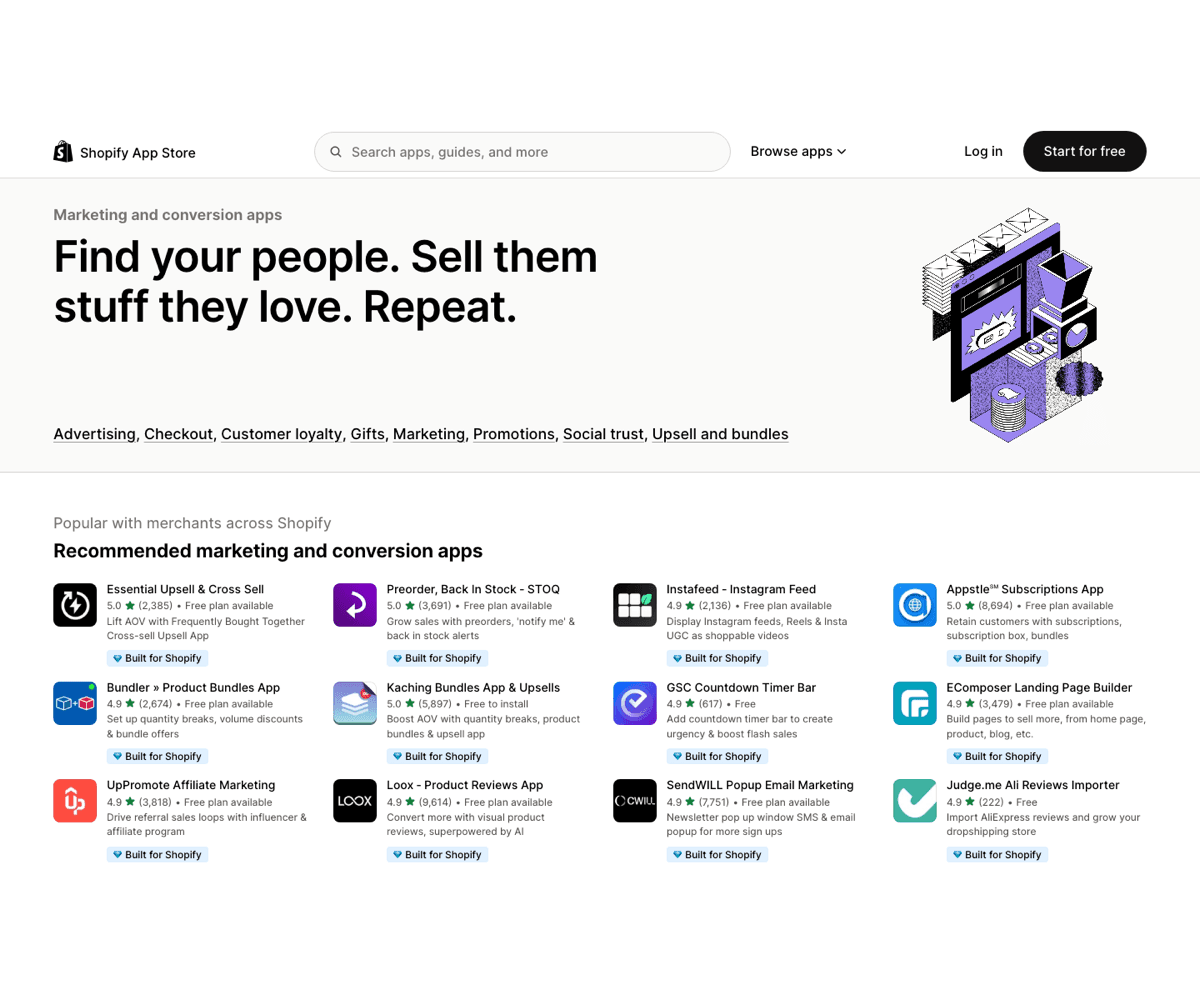 Shopify App Store marketing and conversion category page showing app categories, listings, ratings, and Built for Shopify labels.