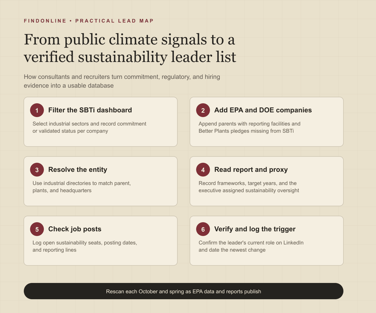 Workflow from SBTi, EPA, proxy, report, and job-post sources to a verified sustainability leader database