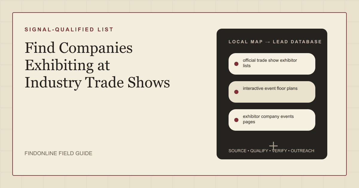 Trade show floor plan with highlighted exhibitor booths beside a prospect list of exhibiting companies