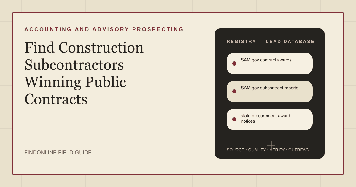 Registry-style illustration of federal subcontract reports, state award tables, and DBE directories feeding a subcontractor prospect list