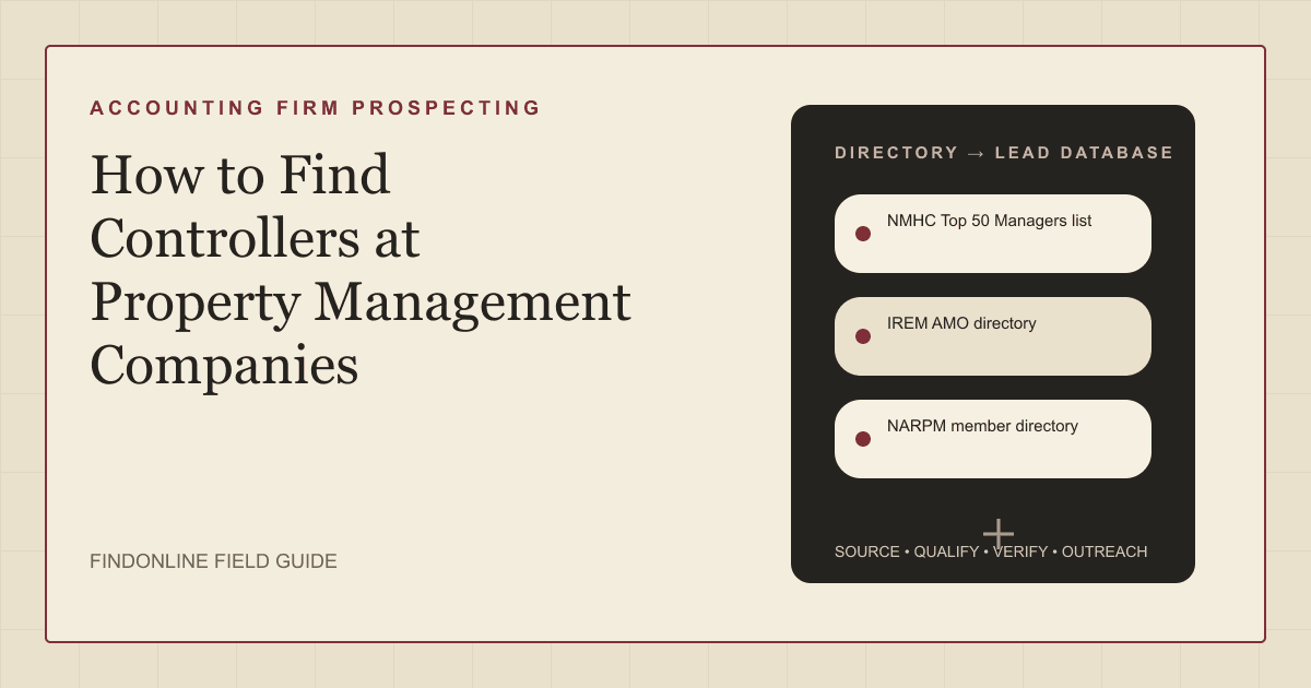 Illustration of a property management controller prospect list built from industry rankings, credential directories, and LinkedIn company pages