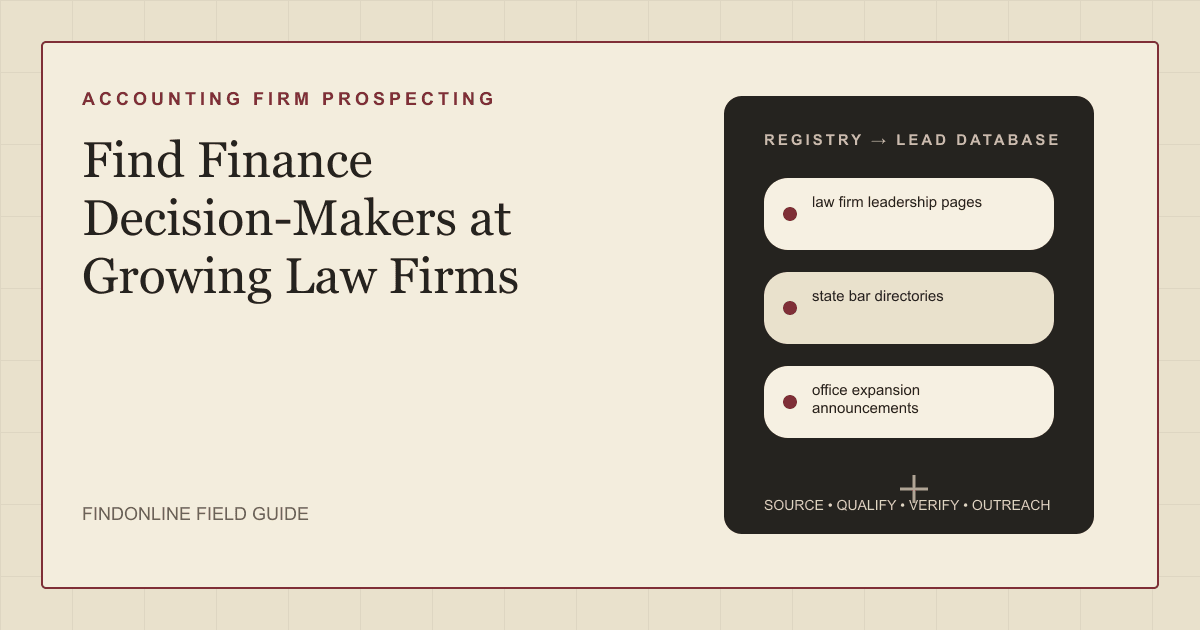 Thumbnail showing a registry of growing law firms with leadership pages, bar directories, and office announcements as sources