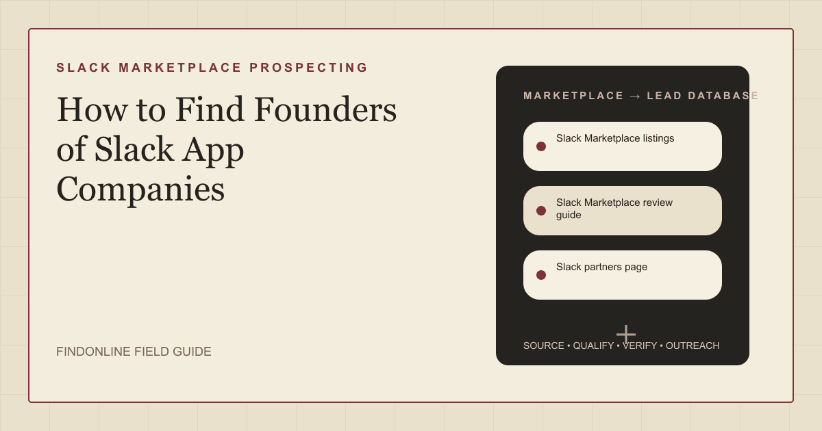 Slack Marketplace listing cards connected to vendor websites and founder profiles in a prospecting workflow