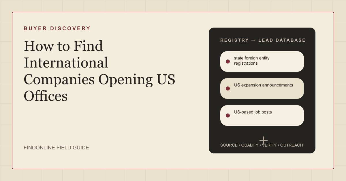 Thumbnail listing state foreign entity registrations, US expansion announcements, and US-based job posts as sources for finding international companies opening US offices