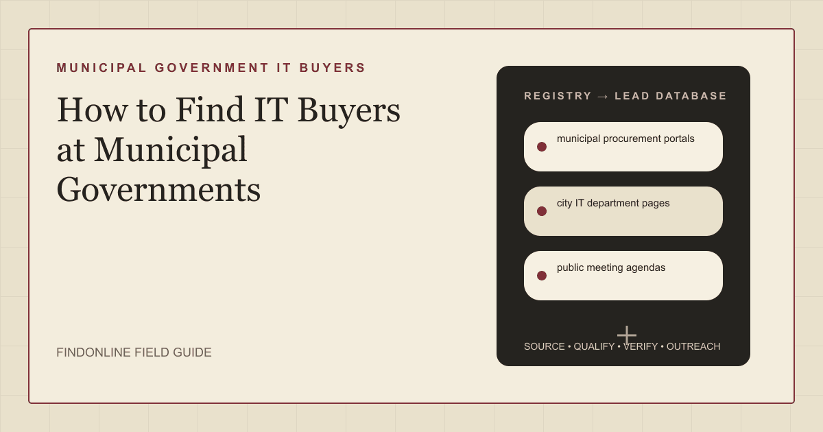 Directory-style illustration of city halls connected to procurement portals, council agendas, and IT department pages for municipal IT buyer discovery