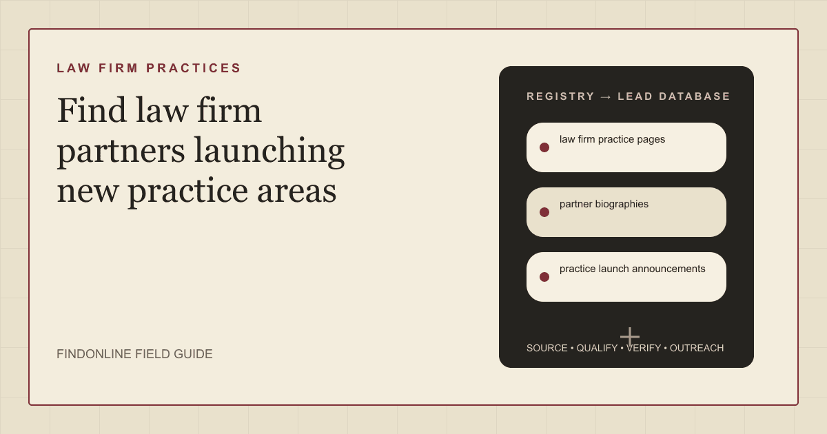 Find law firm partners launching new practice areas using practice pages, partner biographies, and announcements.