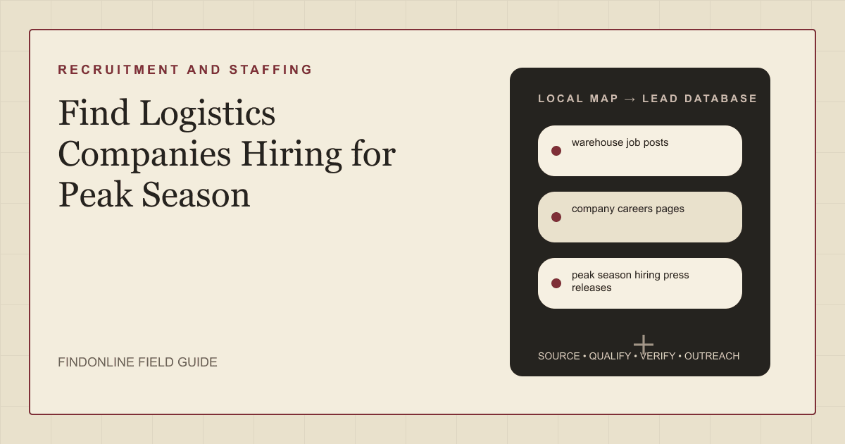 Map of distribution center sites with seasonal hiring markers for recruitment and staffing firm prospecting