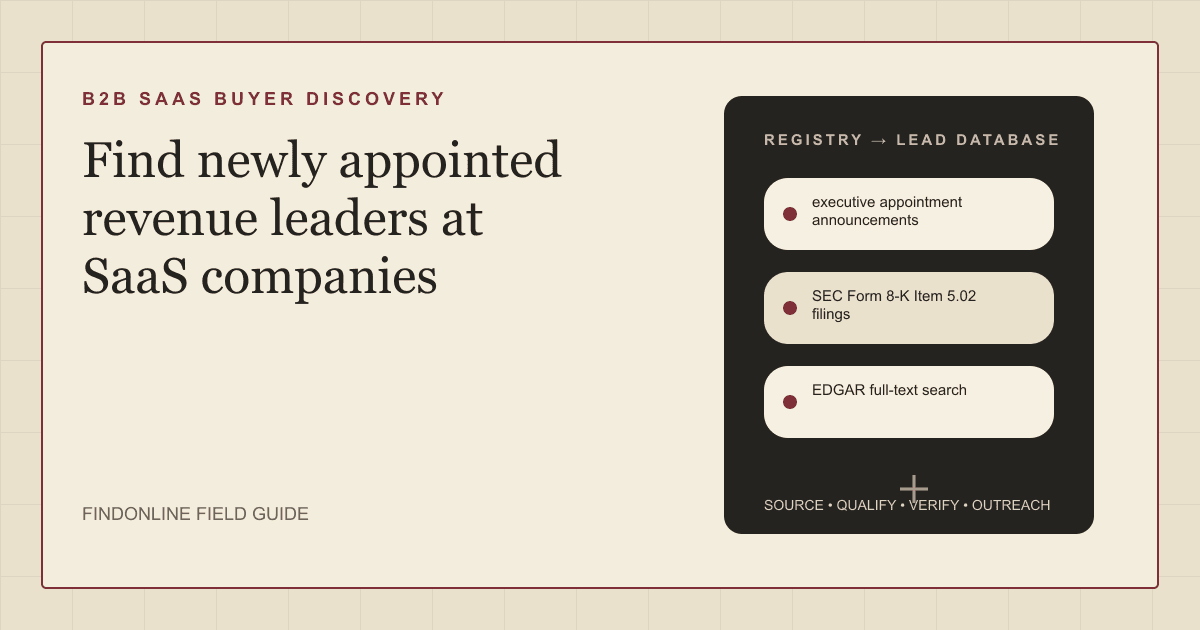 Thumbnail listing appointment announcements, 8-K filings, EDGAR search, and leadership pages as sources for newly appointed SaaS revenue leaders