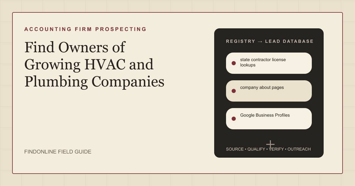 Thumbnail showing how to find owners of growing HVAC and plumbing companies through license lookups, Business Profiles, and about pages