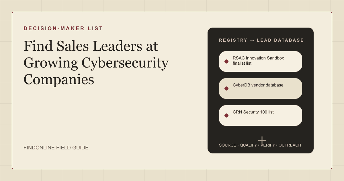 Thumbnail showing a registry of growing cybersecurity vendors with named lead sources for finding sales leaders