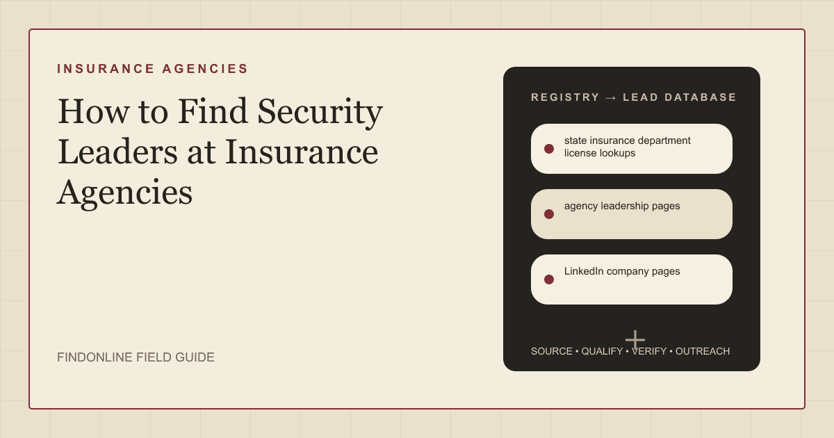 Thumbnail listing state license lookups, the Insurance Journal Top 100, the Big I locator, and leadership pages as sources for insurance agency security leaders