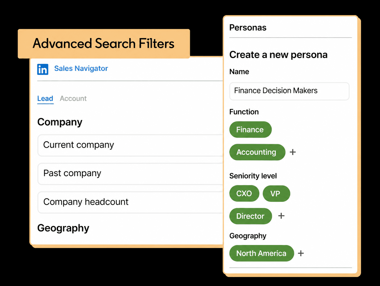 LinkedIn Sales Navigator Advanced Search Filters product illustration adapted to show a Finance Decision Makers persona.
